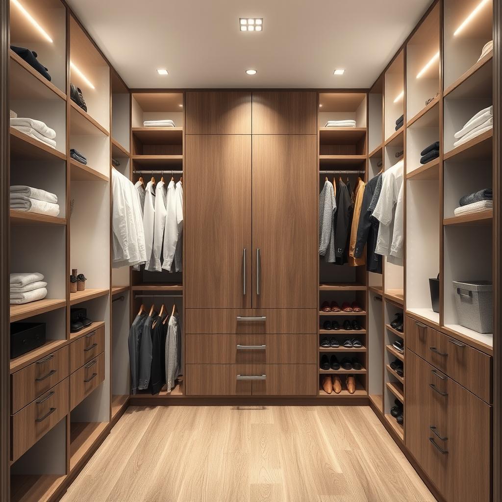 An elegantly designed modern walk-in closet, situated in a space 2