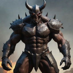 Revise the image of the demon, now clad in a full body armor covering his entire physique, except for his face, allowing his softened, animal-like features to remain visible.