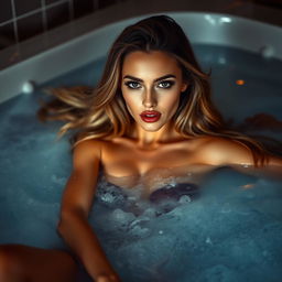 A young adult woman with long, flowing hair, exuding the confidence and allure of a professional model, reclines elegantly in a hot tub