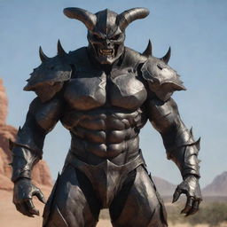 Revise the image of the demon, now clad in a full body armor covering his entire physique, except for his face, allowing his softened, animal-like features to remain visible.