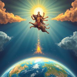 Waraha, the divine boar incarnation of Vishnu, ascends gracefully back to the heavens after completing his mission, leaving the Earth safer and more harmonious