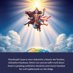 Waraha, the divine boar incarnation of Vishnu, ascends gracefully back to the heavens after completing his mission, leaving the Earth safer and more harmonious