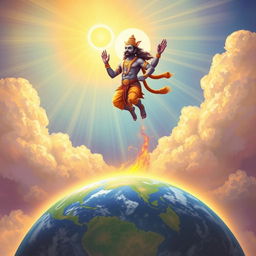 Waraha, the divine boar incarnation of Vishnu, ascends gracefully back to the heavens after completing his mission, leaving the Earth safer and more harmonious