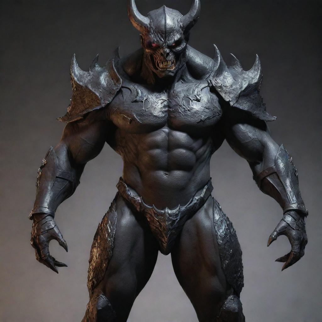 Revise the image of the demon, now clad in a full body armor covering his entire physique, except for his face, allowing his softened, animal-like features to remain visible.