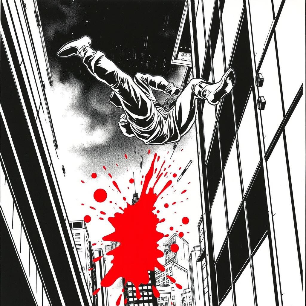 1990s comic panel with a black and white aesthetic, showcasing a dramatic scene where a fighter is falling from a building