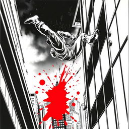 1990s comic panel with a black and white aesthetic, showcasing a dramatic scene where a fighter is falling from a building