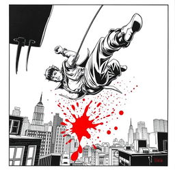 1990s comic panel with a black and white aesthetic, showcasing a dramatic scene where a fighter is falling from a building