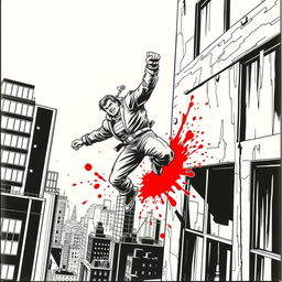 1990s comic panel with a black and white aesthetic, showcasing a dramatic scene where a fighter is falling from a building