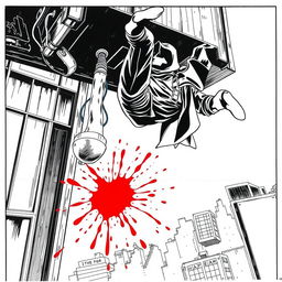 1990s comic panel with a black and white aesthetic, showcasing a dramatic scene where a fighter is falling from a building