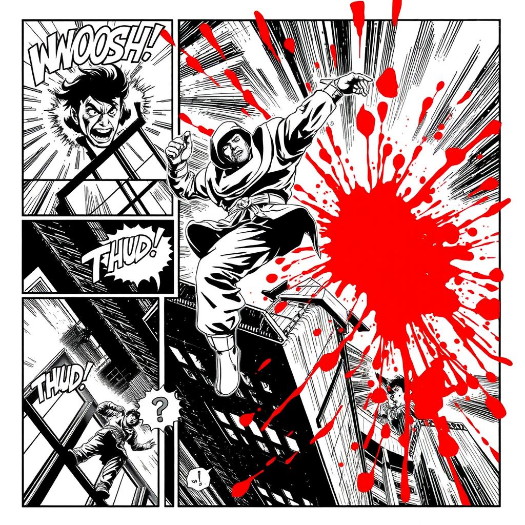 1990s comic art style in black and white, depicting multiple comic panels illustrating a dramatic scene where a fighter is falling from a tall building