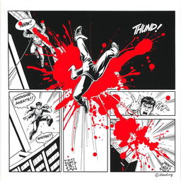 1990s comic art style in black and white, depicting multiple comic panels illustrating a dramatic scene where a fighter is falling from a tall building