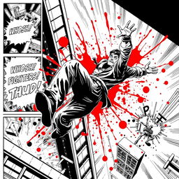 1990s comic art style in black and white, depicting multiple comic panels illustrating a dramatic scene where a fighter is falling from a tall building