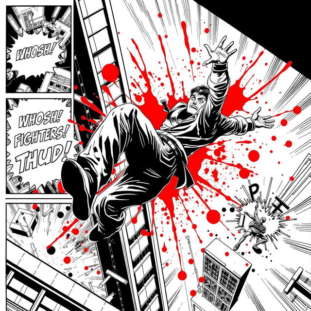 1990s comic art style in black and white, depicting multiple comic panels illustrating a dramatic scene where a fighter is falling from a tall building