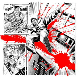 1990s comic art style in black and white, depicting multiple comic panels illustrating a dramatic scene where a fighter is falling from a tall building