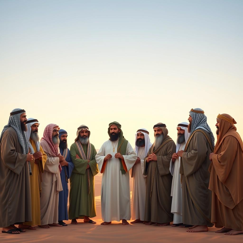 A detailed group portrait of the 20 prominent Sahabah (Companions) of Prophet Muhammad, standing together in a harmonious assembly
