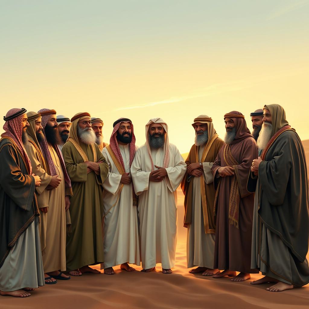 A detailed group portrait of the 20 prominent Sahabah (Companions) of Prophet Muhammad, standing together in a harmonious assembly