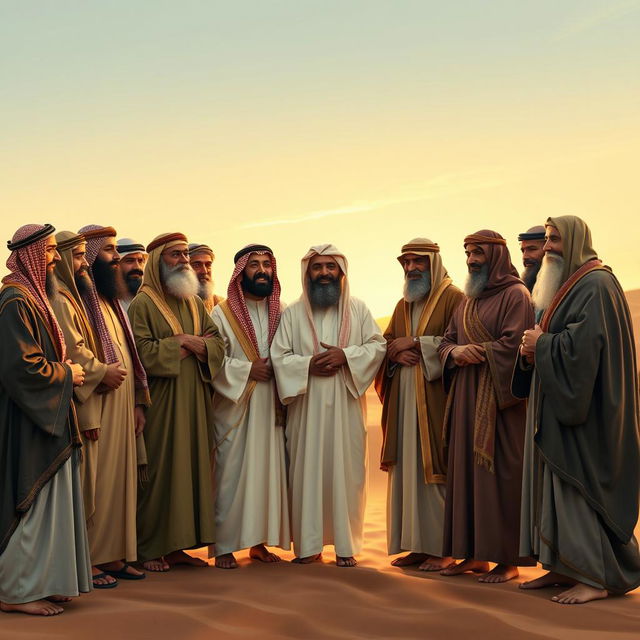 A detailed group portrait of the 20 prominent Sahabah (Companions) of Prophet Muhammad, standing together in a harmonious assembly