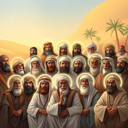 A serene and respectful portrayal of 20 companions of the Prophet Muhammad, known as the Sahabah, engaged in various activities that highlight their pivotal role in Islamic history