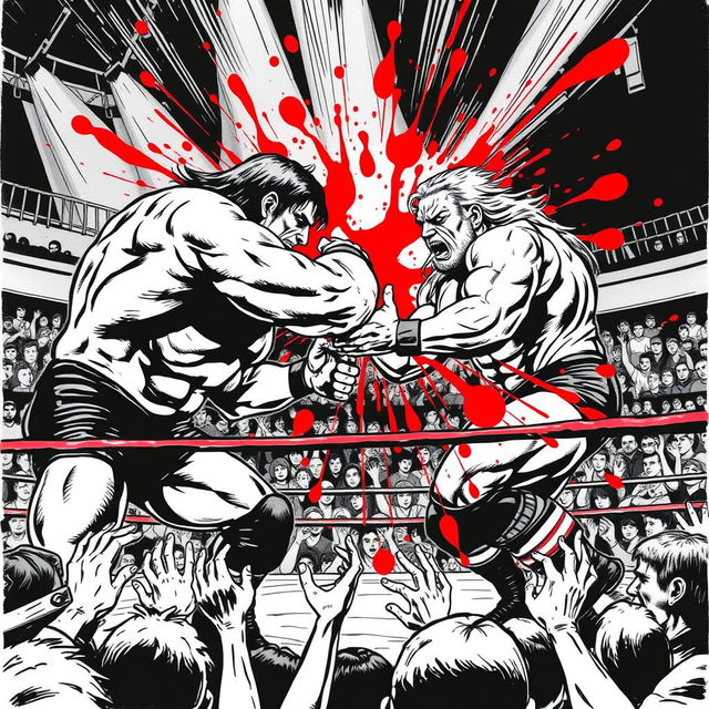 1990s comic panel artwork style depicting an intense pro-wrestling match, featuring strong, dynamic poses of wrestlers with exaggerated muscular physiques and facial expressions conveying intense focus and determination