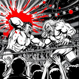 1990s comic panel artwork style depicting an intense pro-wrestling match, featuring strong, dynamic poses of wrestlers with exaggerated muscular physiques and facial expressions conveying intense focus and determination