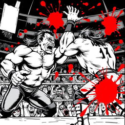 1990s comic panel artwork style depicting an intense pro-wrestling match, featuring strong, dynamic poses of wrestlers with exaggerated muscular physiques and facial expressions conveying intense focus and determination