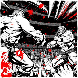 1990s comic panel artwork style depicting an intense pro-wrestling match, featuring strong, dynamic poses of wrestlers with exaggerated muscular physiques and facial expressions conveying intense focus and determination