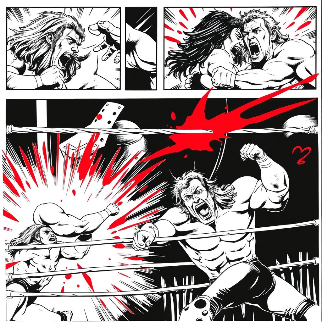 A 1990s style comic art piece in black and white, featuring multiple panels illustrating an intense pro-wrestling match