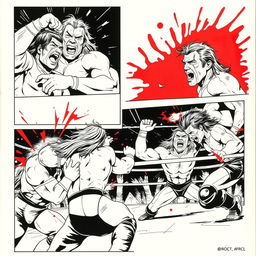 A 1990s style comic art piece in black and white, featuring multiple panels illustrating an intense pro-wrestling match