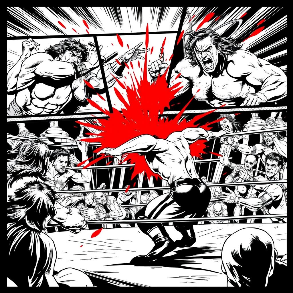 A 1990s style comic art piece in black and white, featuring multiple panels illustrating an intense pro-wrestling match