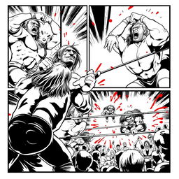 A 1990s style comic art piece in black and white, featuring multiple panels illustrating an intense pro-wrestling match