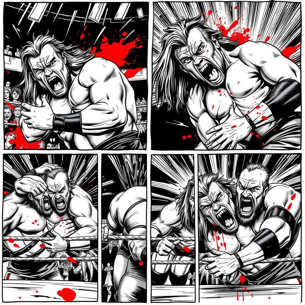 A series of comic panels emulating 1990s comic art style, depicting an intense pro-wrestling match in black and white