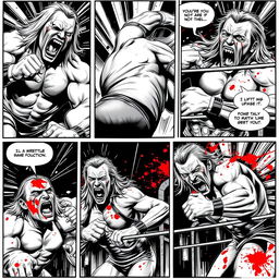 A series of comic panels emulating 1990s comic art style, depicting an intense pro-wrestling match in black and white