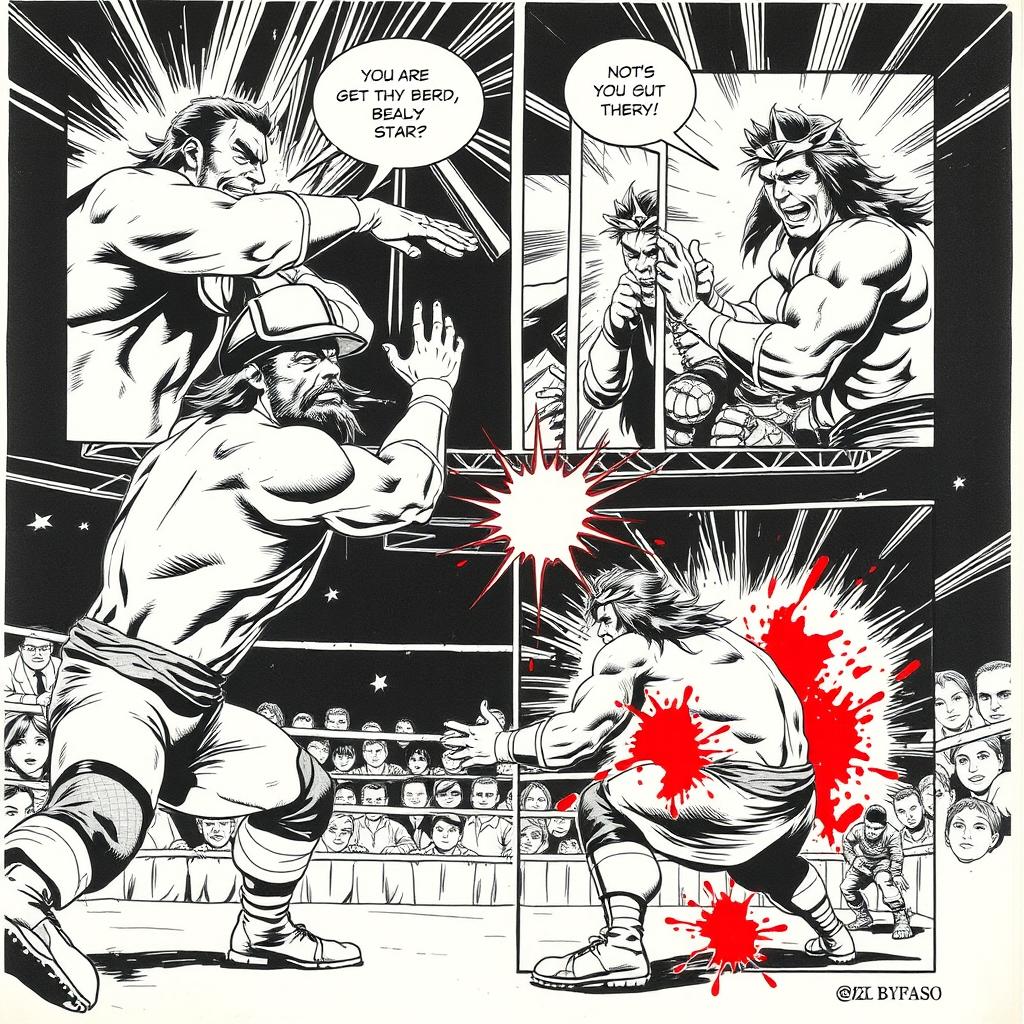 1980s manga art style showcasing multiple comic panels with a dynamic and intense pro-wrestling match in black and white