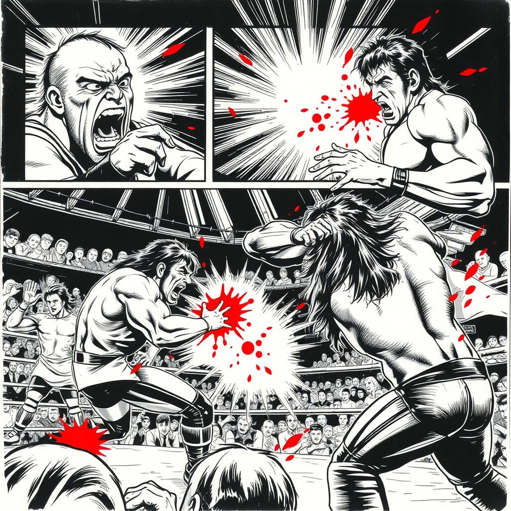 1980s manga art style showcasing multiple comic panels with a dynamic and intense pro-wrestling match in black and white