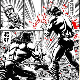 1980s manga art style showcasing multiple comic panels with a dynamic and intense pro-wrestling match in black and white