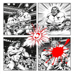 1980s manga art style showcasing multiple comic panels with a dynamic and intense pro-wrestling match in black and white