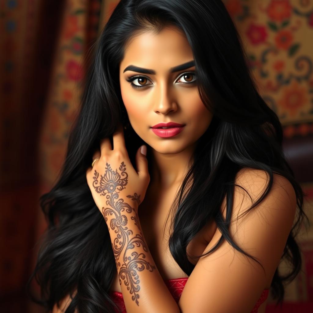 A seductive and alluring Indian woman posing confidently with an intricate henna design gracing her skin