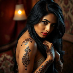 A seductive and alluring Indian woman posing confidently with an intricate henna design gracing her skin