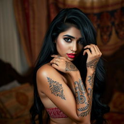 A seductive and alluring Indian woman posing confidently with an intricate henna design gracing her skin