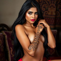 A seductive and alluring Indian woman posing confidently with an intricate henna design gracing her skin