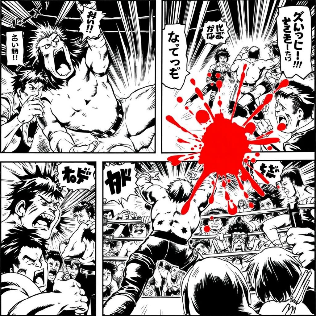 1980s manga art style, black and white comic panels showing a dynamic pro-wrestling match scene with intense action