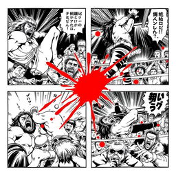 1980s manga art style, black and white comic panels showing a dynamic pro-wrestling match scene with intense action