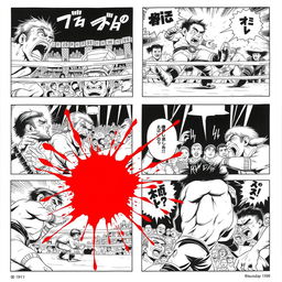 1980s manga art style, black and white comic panels showing a dynamic pro-wrestling match scene with intense action