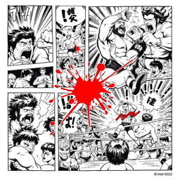 1980s manga art style, black and white comic panels showing a dynamic pro-wrestling match scene with intense action