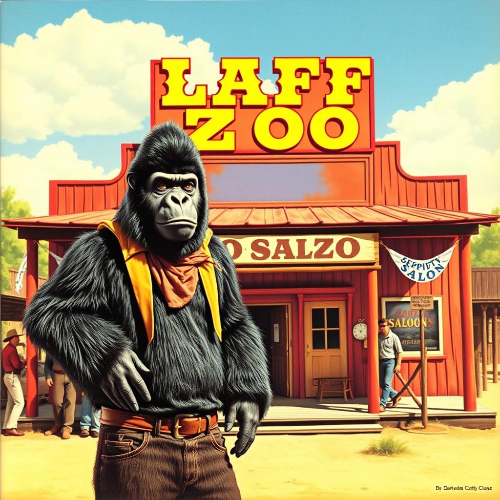 1970s album art featuring a man in a comically bad gorilla costume, dressed as a cowboy, standing in front of a western saloon