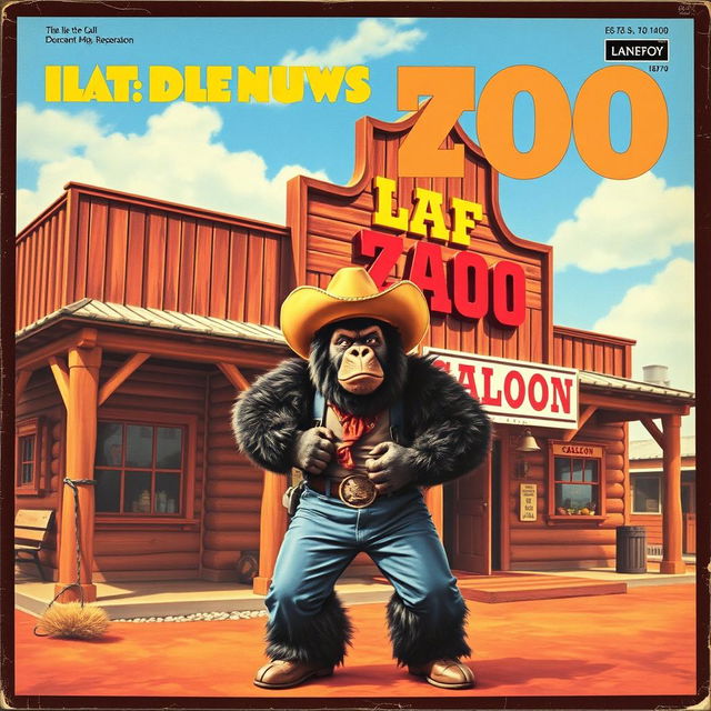 1970s album art featuring a man in a comically bad gorilla costume, dressed as a cowboy, standing in front of a western saloon