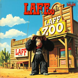 1970s album art featuring a man in a comically bad gorilla costume, dressed as a cowboy, standing in front of a western saloon