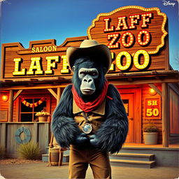 1970s album art featuring a man in a comically bad gorilla costume, dressed as a cowboy, standing in front of a western saloon