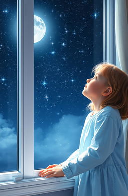 A young girl gazing up at the night sky full of twinkling stars, through her large bedroom window