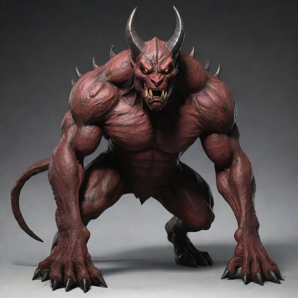 Alter the demon's face to be significantly more beast-like, resembling the features of a dog, while maintaining his full body, smooth armor untouched.